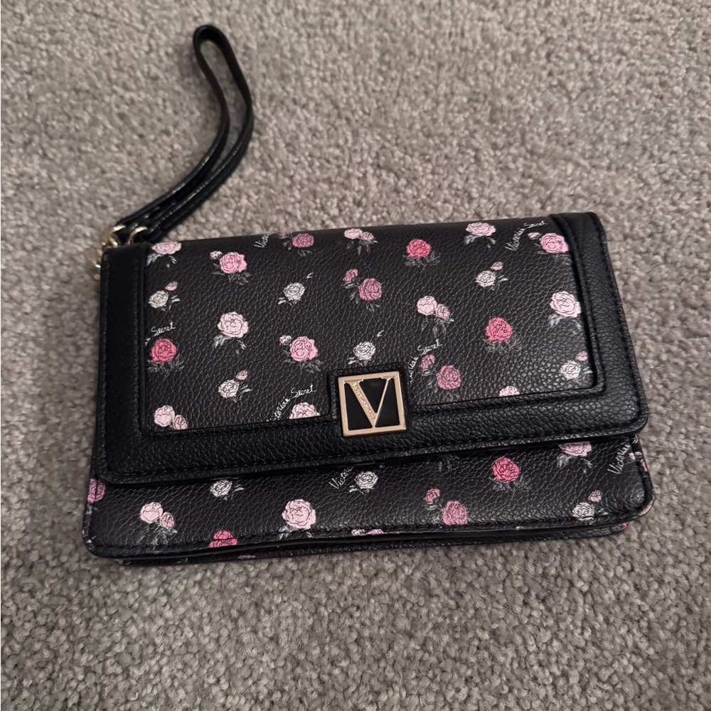 Victorias Secret Black Floral Tech Wallet Wristlet Clutch EUC